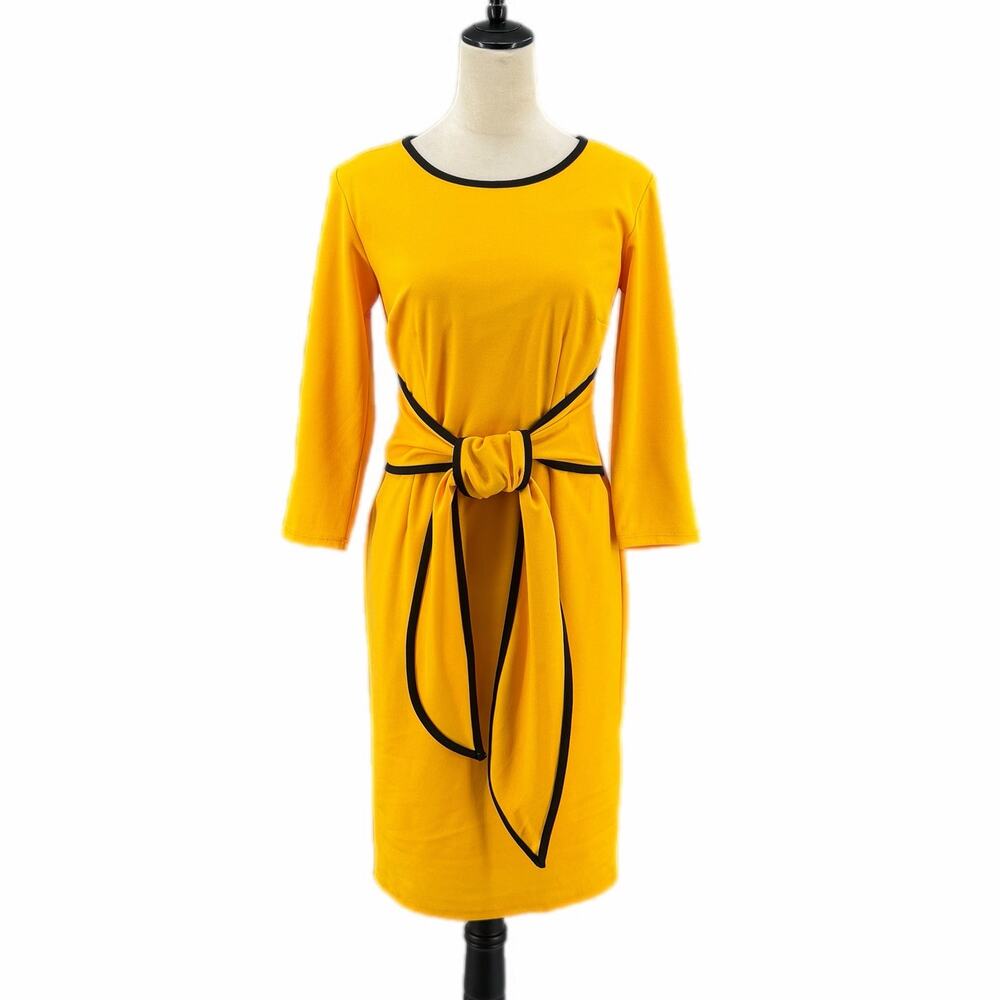 New York & Co Yellow Black Trim Waist Tie Long Sleeve Sheath Knee Length Dress